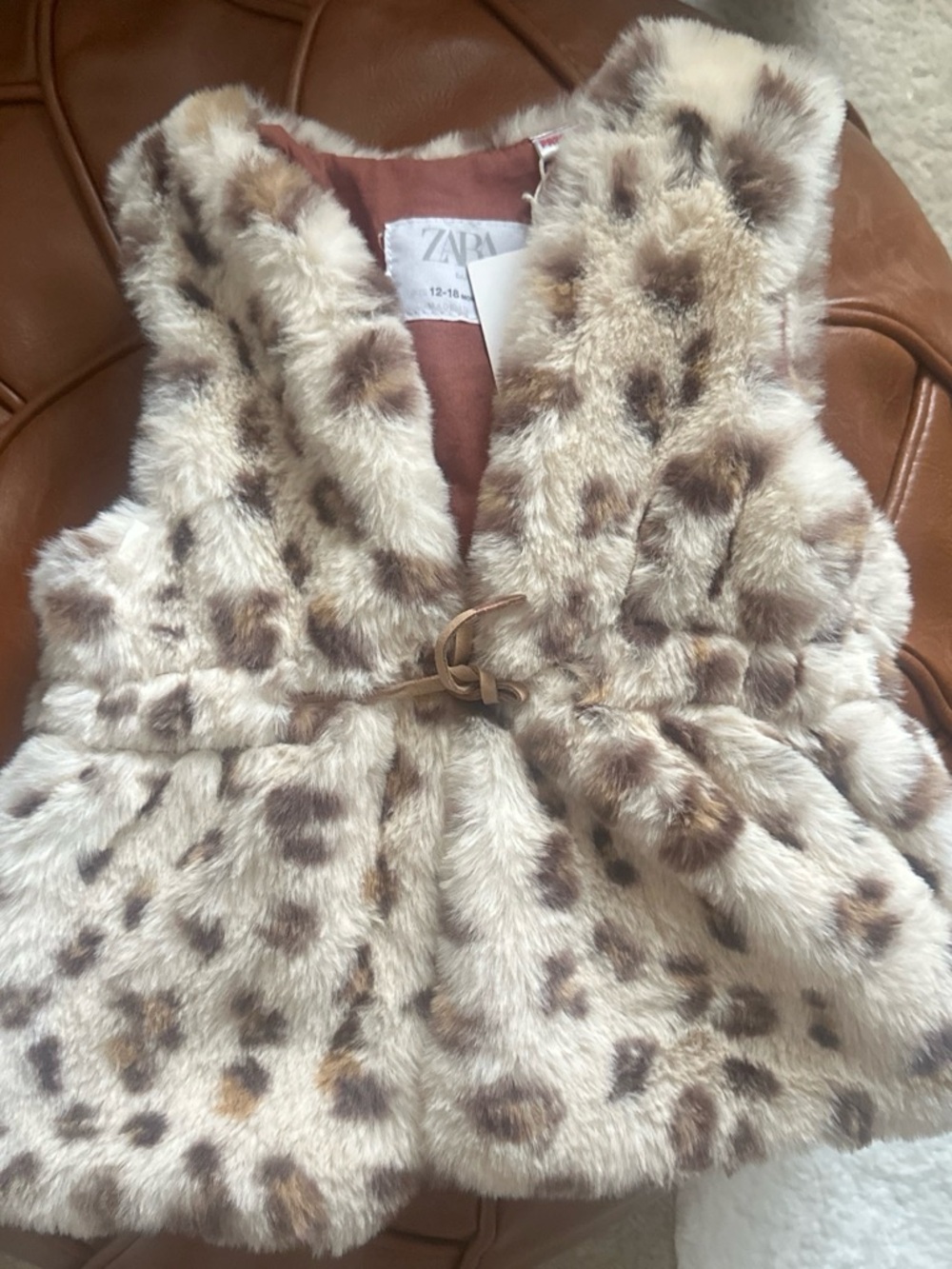 ZARA Cream and Brown Faux Fur Leopard Vest